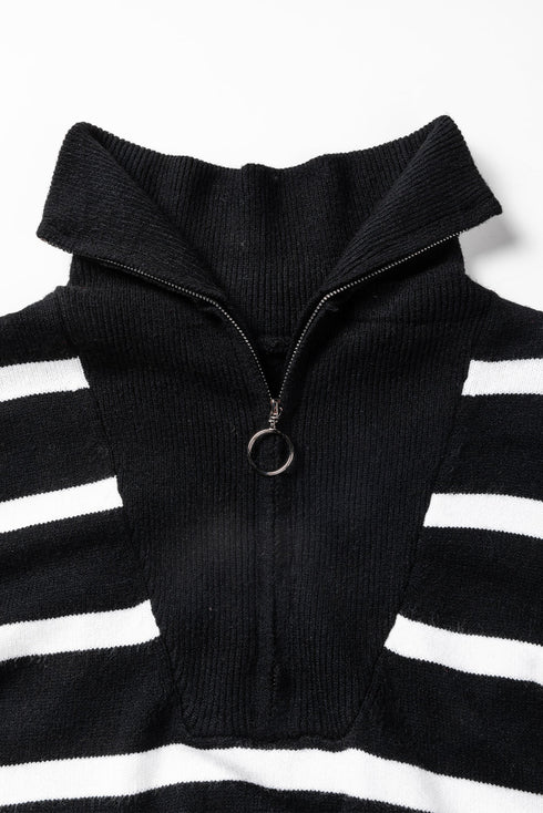 Striped O-Ring Zip Front Collared Drop Shoulder Long Sleeve Sweater Dress